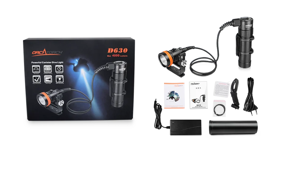ORCA D630 Canister Light Scuba Diving CREE LED 4000-Lumens Sidemount Backmount Underwater 150-Meter Waterproof Search Tech Dive